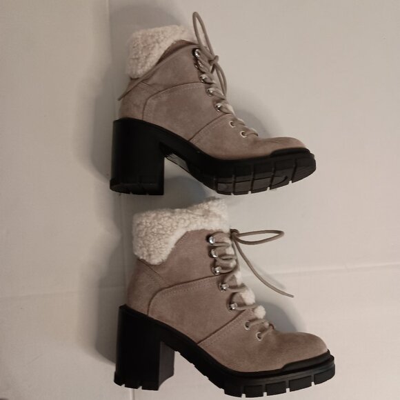 Marc Fisher Vacinta Gray Suede Shearling Heeled Combat Booties Women’s 6.5 - Picture 4 of 11